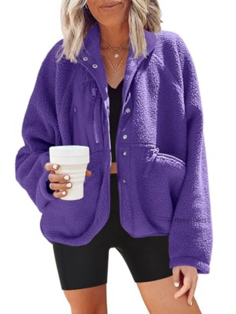 Womens Fuzzy Fleece Sherpa Button Down Jacket Oversized Warm Winter Coat
